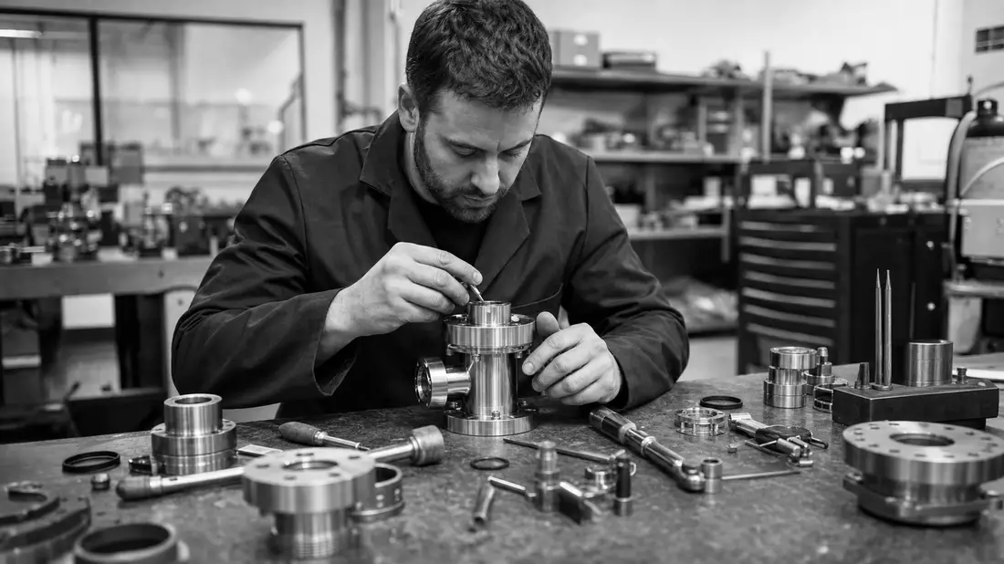 Schwarzweiß-Reportage eines Ingenieurs beim Zusammenbau eines Vakuumventils, VAT Group AG