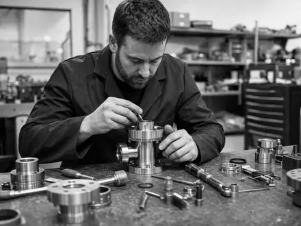 VAT Group AG CH0311864901 dokumentiert Ingenieur bei Montage eines präzisen Vakuumventils in Schwarzweiß-Reportage-Optik - Foto: THN