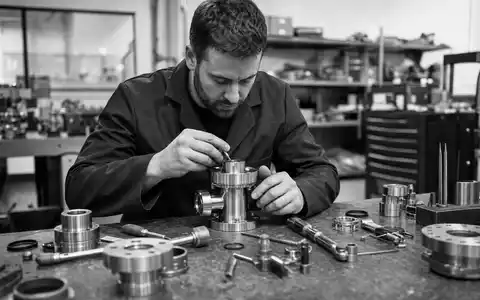 VAT Group AG CH0311864901 dokumentiert Ingenieur bei Montage eines präzisen Vakuumventils in Schwarzweiß-Reportage-Optik - Foto: THN