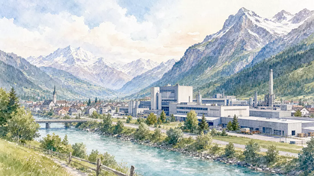 Aquarellmalerei eines Industriestandortes im Schweizer Alpental, VAT Group AG