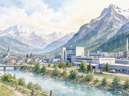 VAT Group AG CH0311864901 prÀsentiert Aquarellbild eines Schweizer Industriestandortes im Alpental nahe Fluss und Bergen - Foto: THN