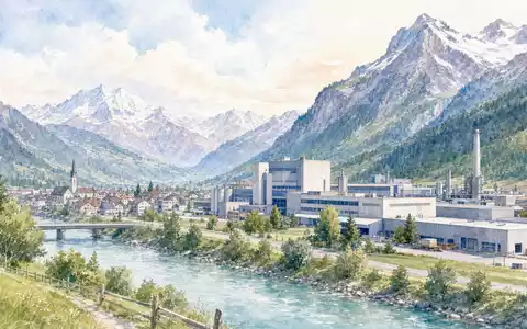 VAT Group AG CH0311864901 präsentiert Aquarellbild eines Schweizer Industriestandortes im Alpental nahe Fluss und Bergen - Foto: THN