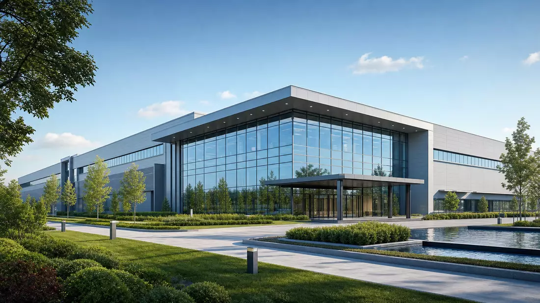 3D-Architektur-Render eines modernen Industriegebäudes mit Glasfassade, VAT Group AG