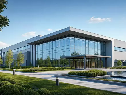 VAT Group AG CH0311864901 zeigt Architektur-Render eines modernen Hightech-FirmengebĂ€udes mit Glasfassade und GrĂŒnanlagen - Foto: THN