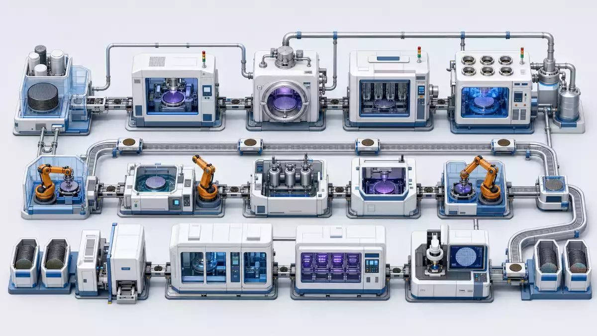 Isometrische 3D-Illustration einer Halbleiter-Fertigungskette mit Vakuumkammern, VAT Group AG