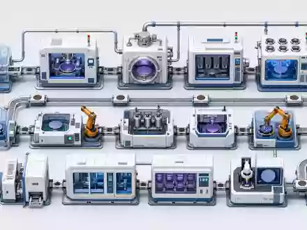 VAT Group AG CH0311864901 visualisiert isometrische 3D-Wertschöpfungskette der Halbleiterfertigung mit Vakuumkammern und Robotern - Foto: THN