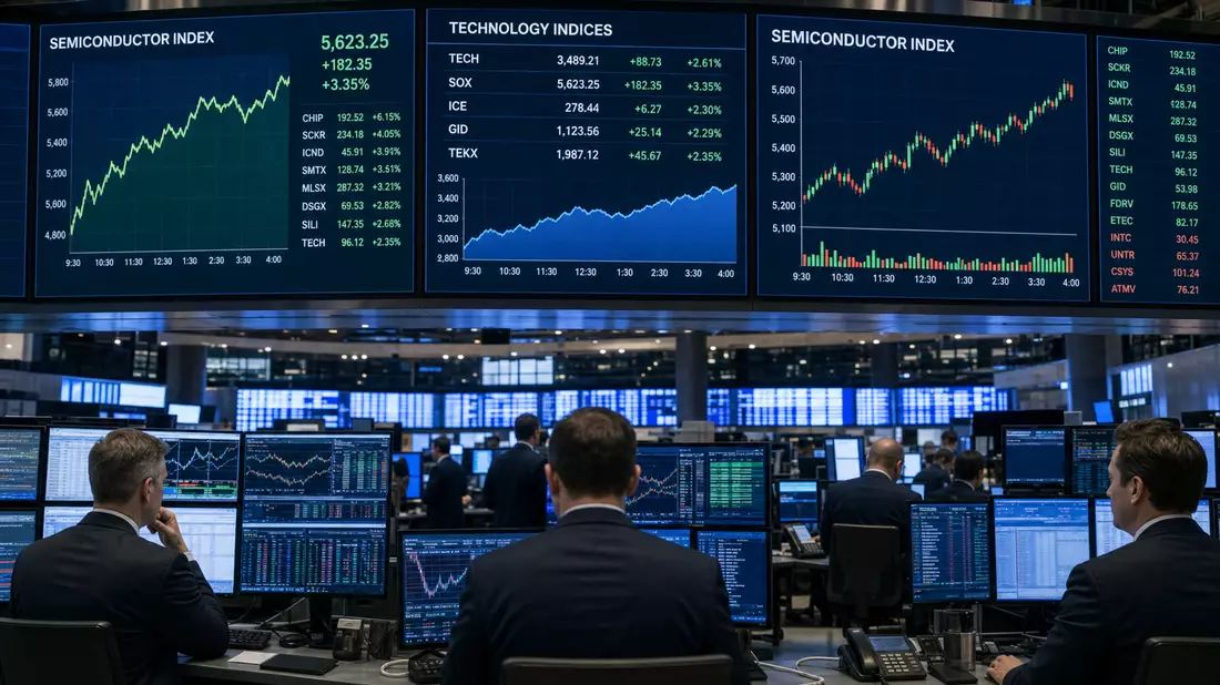 Börsen-Trading-Floor mit Kurstafeln zum Halbleitersektor, VAT Group AG
