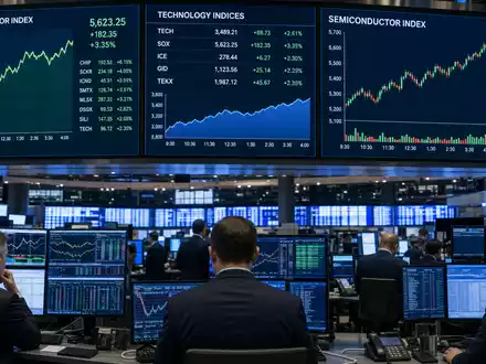 VAT Group AG CH0311864901 dokumentiert Börsen-Editorial mit Trading-Floor und Kurstafeln des Halbleitersektors sowie Index-Kürzeln - Foto: THN