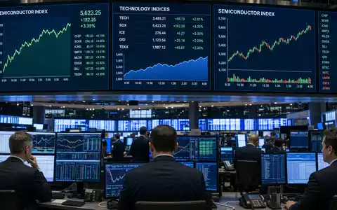 VAT Group AG CH0311864901 dokumentiert Börsen-Editorial mit Trading-Floor und Kurstafeln des Halbleitersektors sowie Index-Kürzeln - Foto: THN