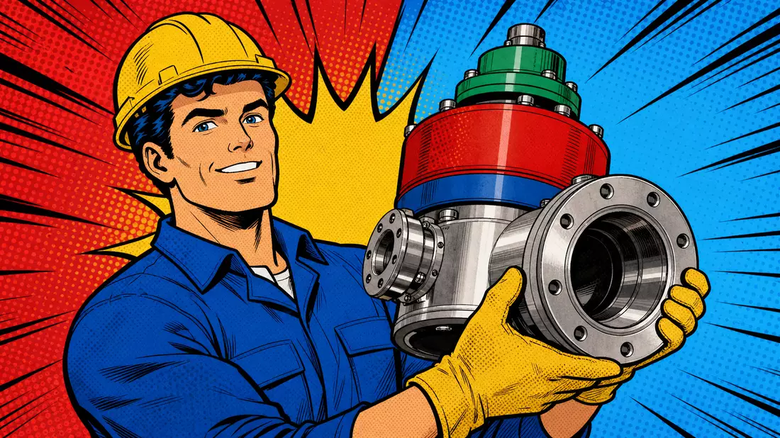 Pop-Art-Comic-Illustration eines Ingenieurs mit farbigem Vakuumventil, VAT Group AG