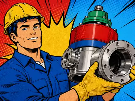VAT Group AG CH0311864901 präsentiert Pop-Art-Comic-Szene mit Ingenieur und übergroßem farbigem Vakuumventil-Bauteil in Halterung - Foto: THN