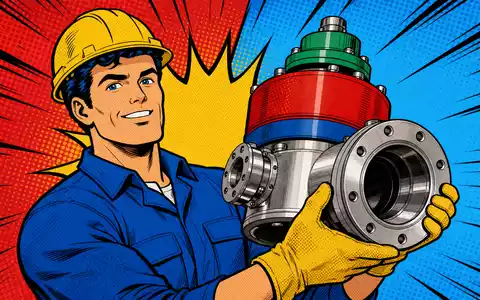 VAT Group AG CH0311864901 präsentiert Pop-Art-Comic-Szene mit Ingenieur und übergroßem farbigem Vakuumventil-Bauteil in Halterung - Foto: THN