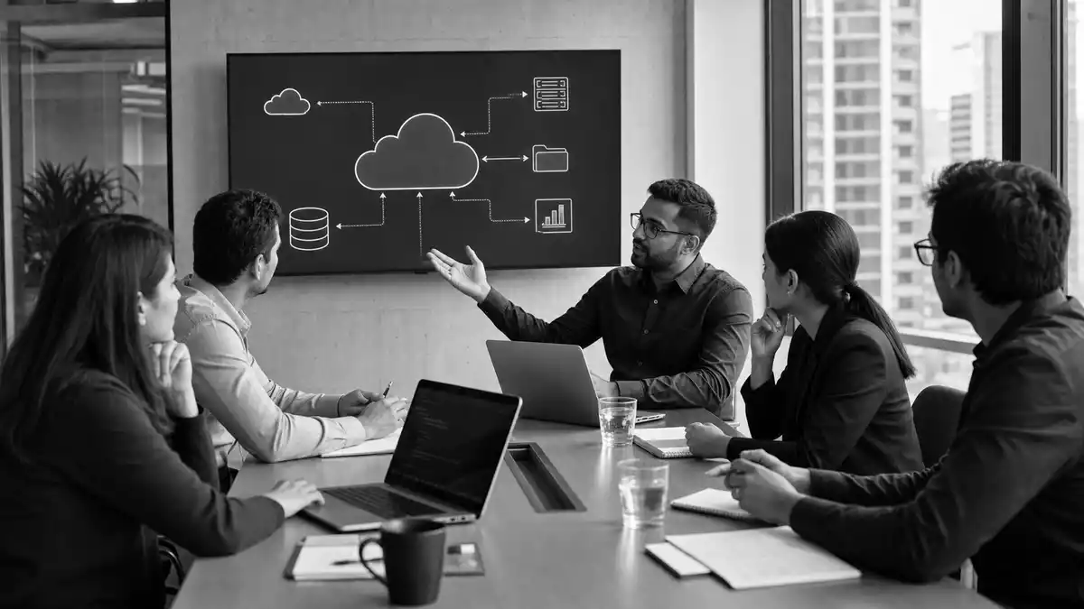 Schwarzweiß-Foto eines IT-Beratungsmeetings mit Cloud-Diagramm auf Bildschirm