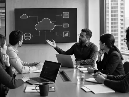 Beratungsteam von Tietoevry Oyj (ISIN FI0009000277) diskutiert Cloud-Strategien während einer dokumentarischen Schwarzweiß-Sitzung intensiv - Foto: THN