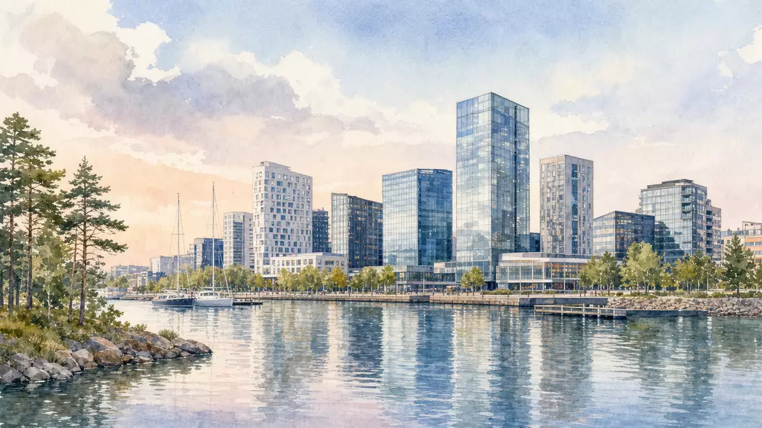 Aquarellmalerei der Skyline von Espoo mit Glastürmen am Wasser in Pastelltönen