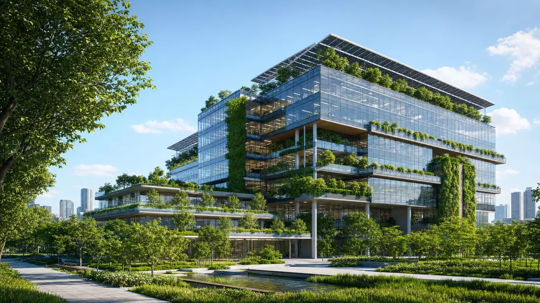 Architektur-Render eines begrünten Glashochhauses mit Solarpaneelen bei Tageslicht