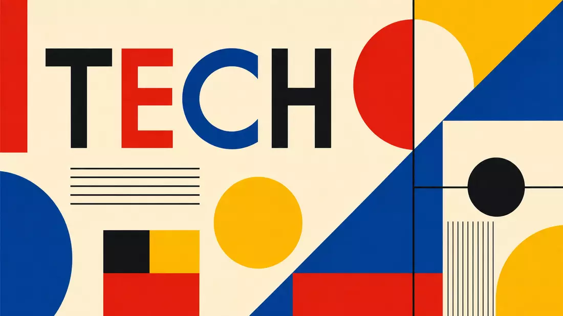Geometrisches Bauhaus-Poster mit Text TECH in Primärfarben und modernistischen Formen