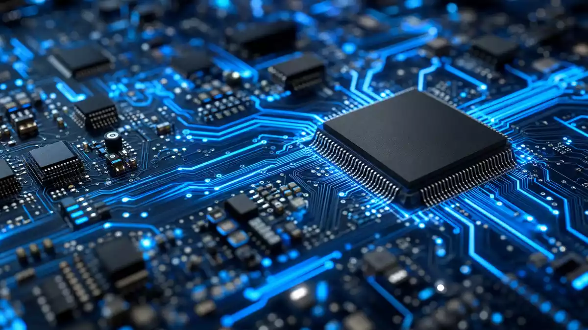 Makroaufnahme einer Leiterplatte mit leuchtend blauen Datenleitungen und Mikrochips