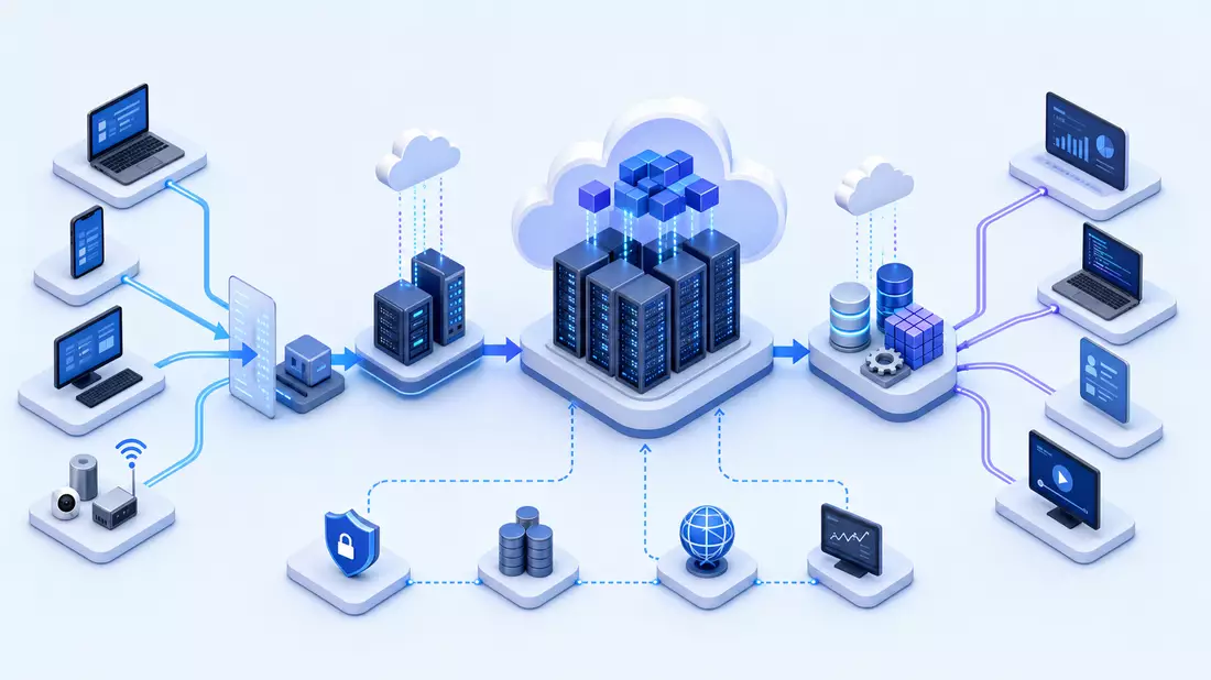 Isometrische 3D-Illustration einer Cloud-Wertschöpfungskette mit Servern