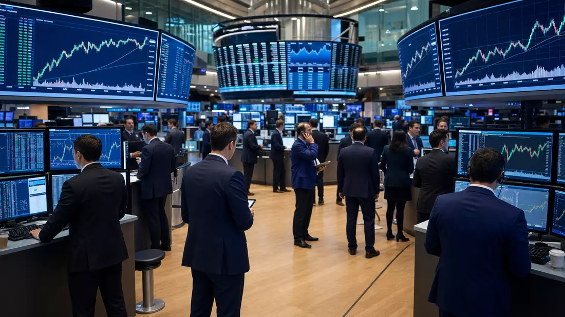 Trading-Floor mit großen Bildschirmen und Technologie-Aktiencharts