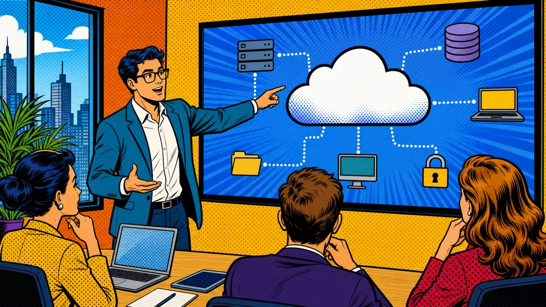 Pop-Art-Comic eines IT-Beraters, der ein Cloud-Diagramm im Meeting präsentiert