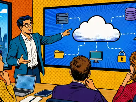 Pop-Art-Comic zeigt einen IT-Berater, der Cloud-Konzepte präsentiert, passend zu Tietoevry Oyj (ISIN FI0009000277) Geschäftsfeld - Foto: THN