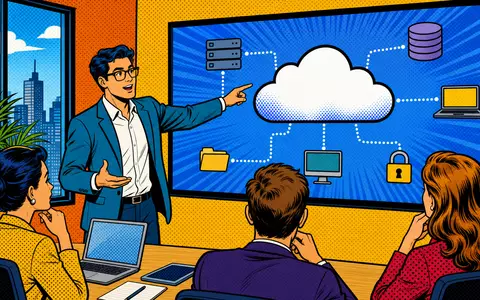 Pop-Art-Comic zeigt einen IT-Berater, der Cloud-Konzepte präsentiert, passend zu Tietoevry Oyj (ISIN FI0009000277) Geschäftsfeld - Foto: THN