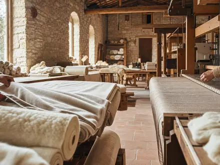 Fotorealistische Werkstattszene mit Kaschmirstoffen symbolisiert Brunello Cucinelli S.p.A., Aktie mit ISIN IT0004764699, italienische Handwerkskunst - Foto: THN