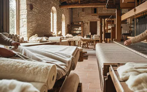 Fotorealistische Werkstattszene mit Kaschmirstoffen symbolisiert Brunello Cucinelli S.p.A., Aktie mit ISIN IT0004764699, italienische Handwerkskunst - Foto: THN