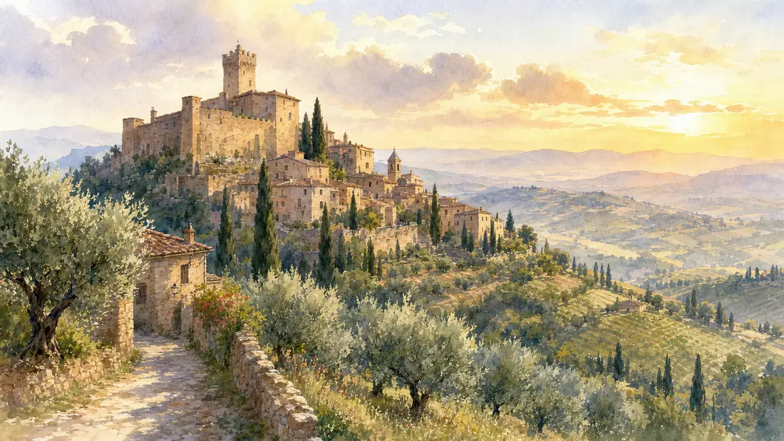 Aquarellbild einer mittelalterlichen Hügelstadt in der italienischen Landschaft mit Zypressen