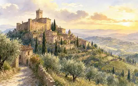 Aquarellmalerei einer umbrischen Hügelstadt visualisiert Brunello Cucinelli S.p.A., notiert mit ISIN IT0004764699, sanfte künstlerische Landschaftsdarstellung - Foto: THN