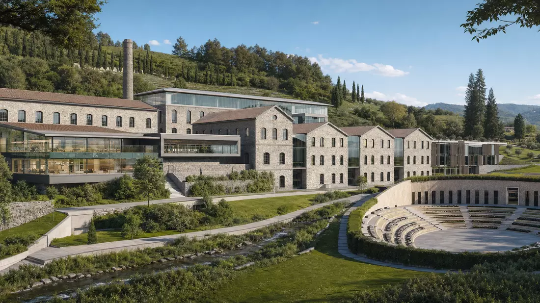 Architekturvisualisierung einer restaurierten Steinanlage mit modernen Glaselementen im Grünen