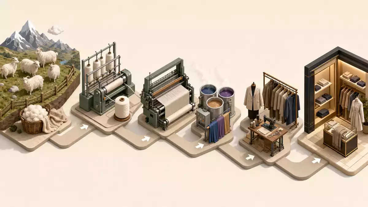 Isometrisches Diagramm der Textilproduktion von Wollgewinnung bis Verkauf im Geschäft