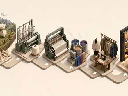 Isometrische 3D-Grafik der Wertschöpfungskette veranschaulicht Brunello Cucinelli S.p.A., Aktienkennung ISIN IT0004764699, von Rohstoff bis Boutique - Foto: THN