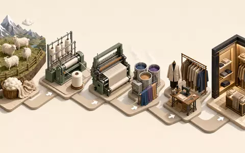 Isometrische 3D-Grafik der Wertschöpfungskette veranschaulicht Brunello Cucinelli S.p.A., Aktienkennung ISIN IT0004764699, von Rohstoff bis Boutique - Foto: THN