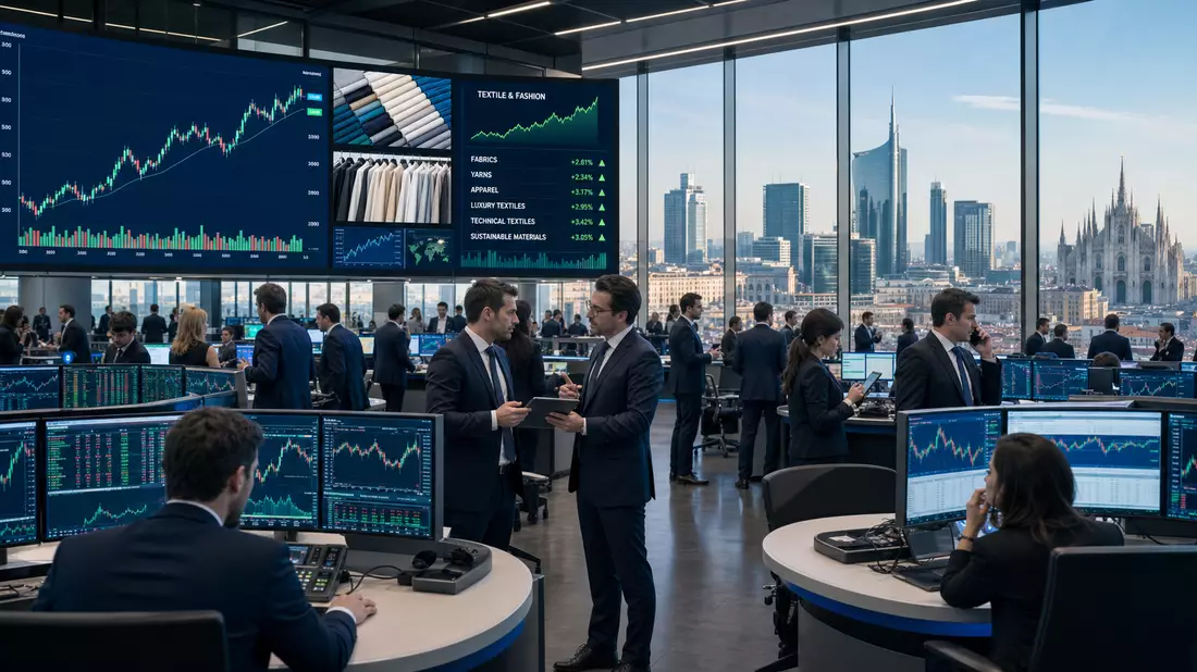 Moderne Handelssaal-Szene mit digitalen Kurscharts und Skyline von Mailand im Hintergrund