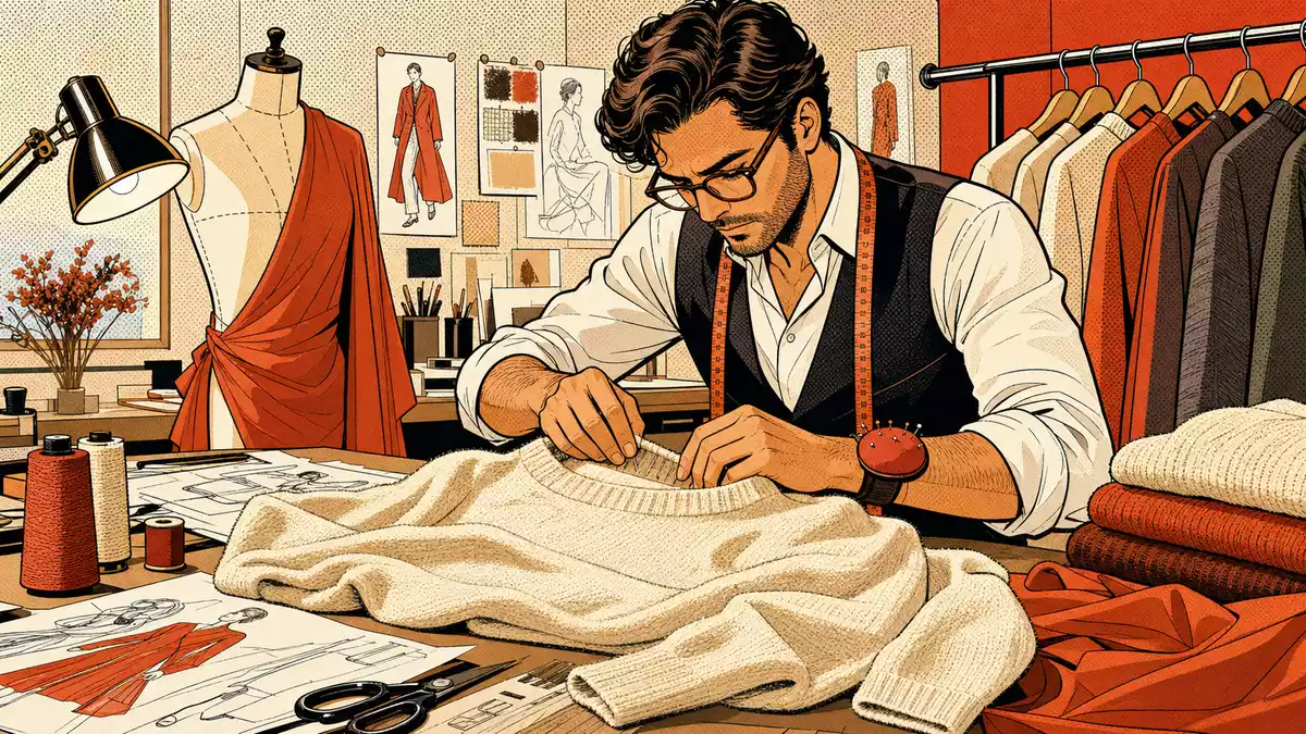 Farbenfrohe Comic-Illustration eines Schneiders bei der Arbeit an einem Kaschmirpullover