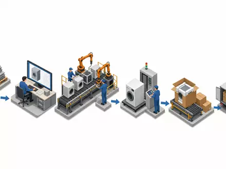 Isometrisches 3D-Diagramm zeigt Wertschöpfungskette der Haushaltsgeräteproduktion, relevant für De'Longhi S.p.A., ISIN IT0003115950, weltweit - Foto: THN