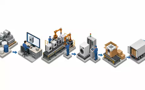 Isometrisches 3D-Diagramm zeigt Wertschöpfungskette der Haushaltsgeräteproduktion, relevant für De'Longhi S.p.A., ISIN IT0003115950, weltweit - Foto: THN