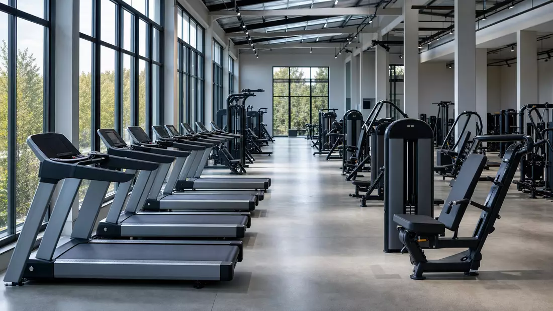 Moderne Fitnessgeräte-Werkshalle mit Laufbändern und Kraftmaschinen, Bezug Technogym S.p.A