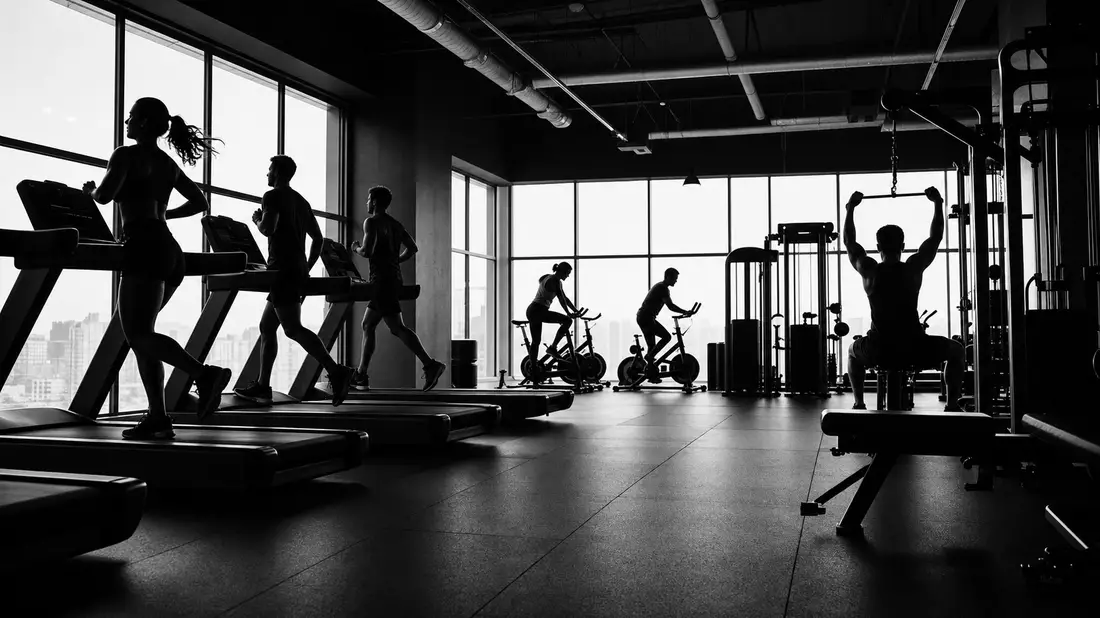 Schwarzweiß-Fotoreportage Fitnessstudio mit Trainierenden, Bezug Technogym S.p.A
