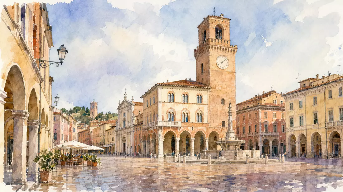 Aquarellbild der Stadt Cesena, Firmensitz von Technogym S.p.A., mit Turm und Platz