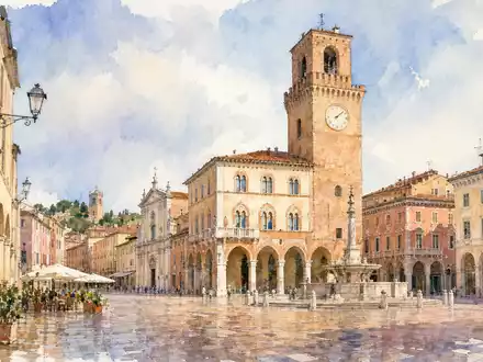 Aquarellmalerei zeigt Cesena, den Firmensitz von Technogym S.p.A. (ISIN IT0005162406), mit historischer italienischer Architektur - Foto: THN
