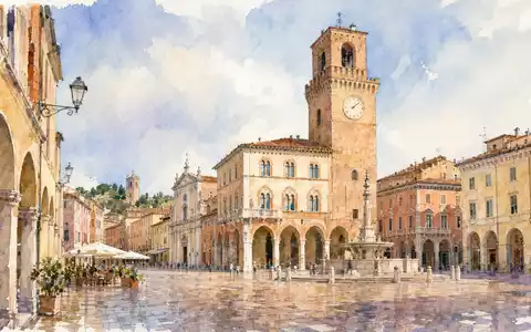 Aquarellmalerei zeigt Cesena, den Firmensitz von Technogym S.p.A. (ISIN IT0005162406), mit historischer italienischer Architektur - Foto: THN