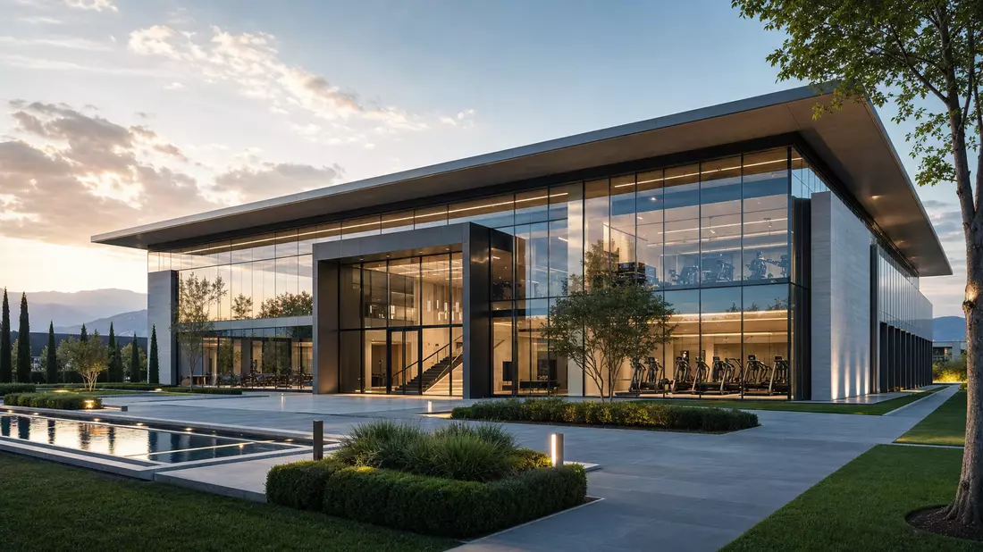 Architekturvisualisierung modernes Glasgebäude, sinnbildlich für Technogym S.p.A. Firmensitz