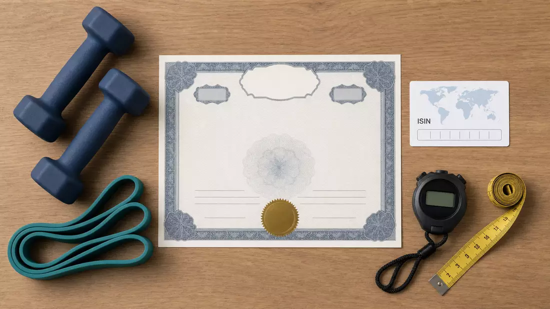 Flatlay Aktienzertifikat mit ISIN-Karte und Fitnessgeräten, Bezug Technogym S.p.A