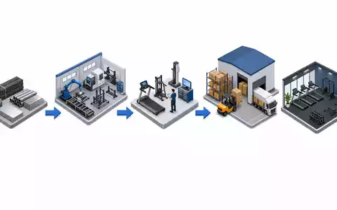 Isometrische 3D-Grafik zeigt die Wertschöpfungskette der Fitnessgeräteherstellung, passend zum Geschäft von Technogym S.p.A. (IT0005162406) - Foto: THN