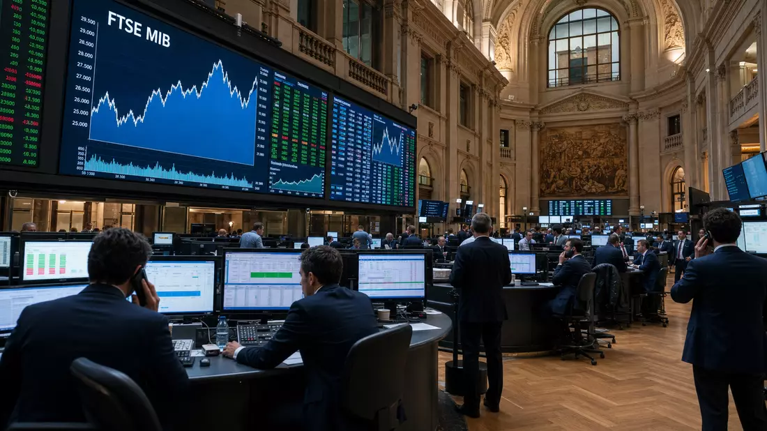 Trading-Floor mit FTSE-MIB-Kurscharts, Börsenindex-Bezug zu Technogym S.p.A