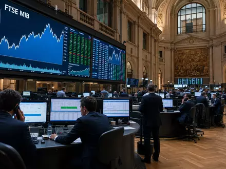 Börsen-Editorial zeigt Trading-Floor mit FTSE-MIB-Charts, dem Börsenindex von Technogym S.p.A., ISIN IT0005162406, in Italien - Foto: THN