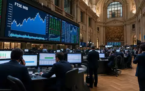 Börsen-Editorial zeigt Trading-Floor mit FTSE-MIB-Charts, dem Börsenindex von Technogym S.p.A., ISIN IT0005162406, in Italien - Foto: THN